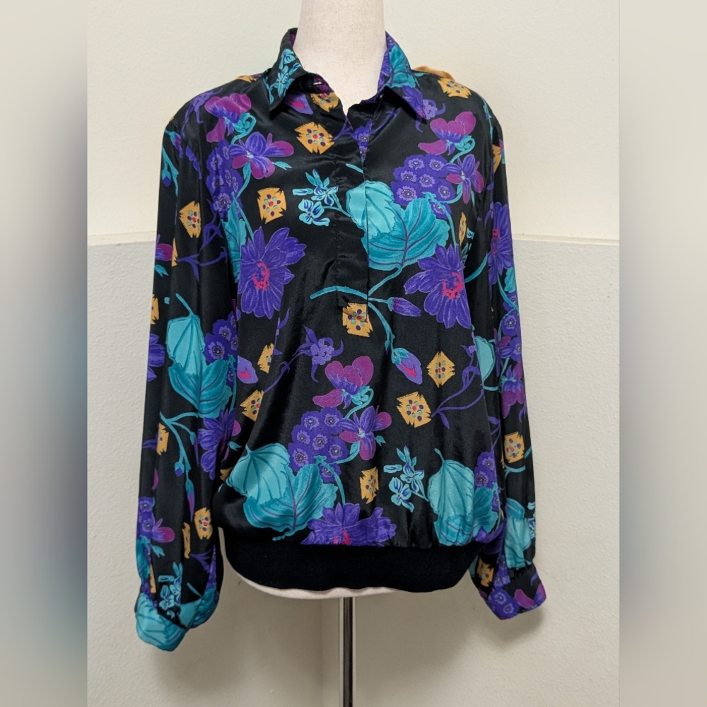 Alfred Dunner Black Button-Up Blouse with Teal & Purple Floral Print